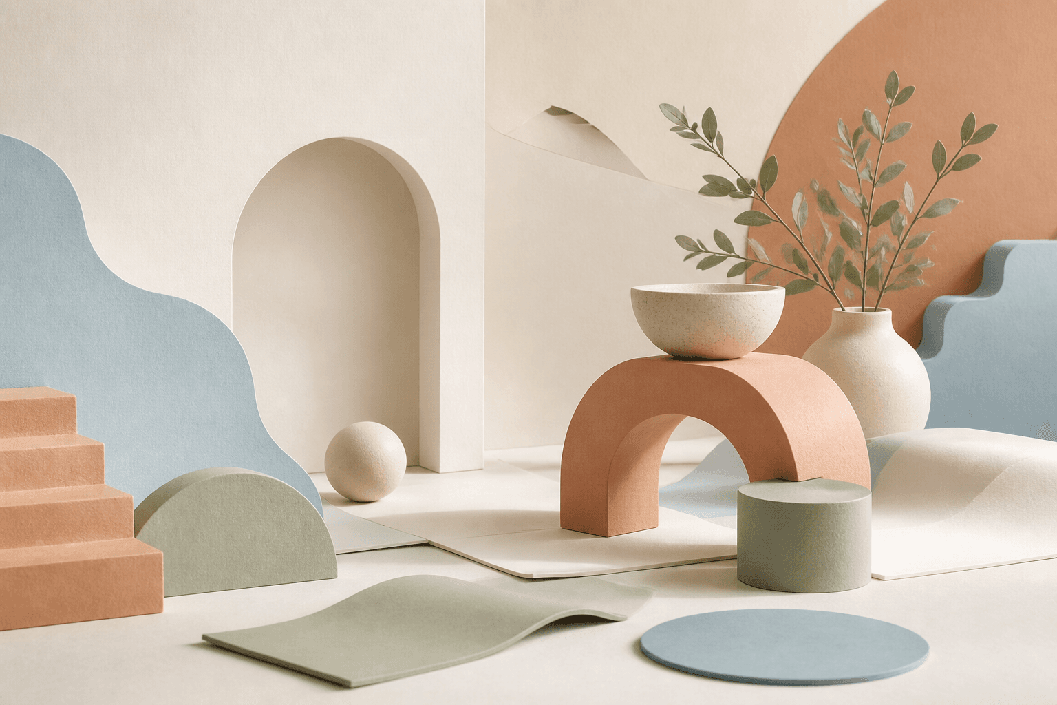 Abstract paper and clay forms in a softly lit studio